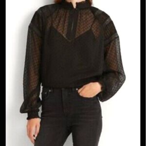 Lauren Ralph Lauren Sheer Lined Black Lace Blouse High Neck Size Small Preppy